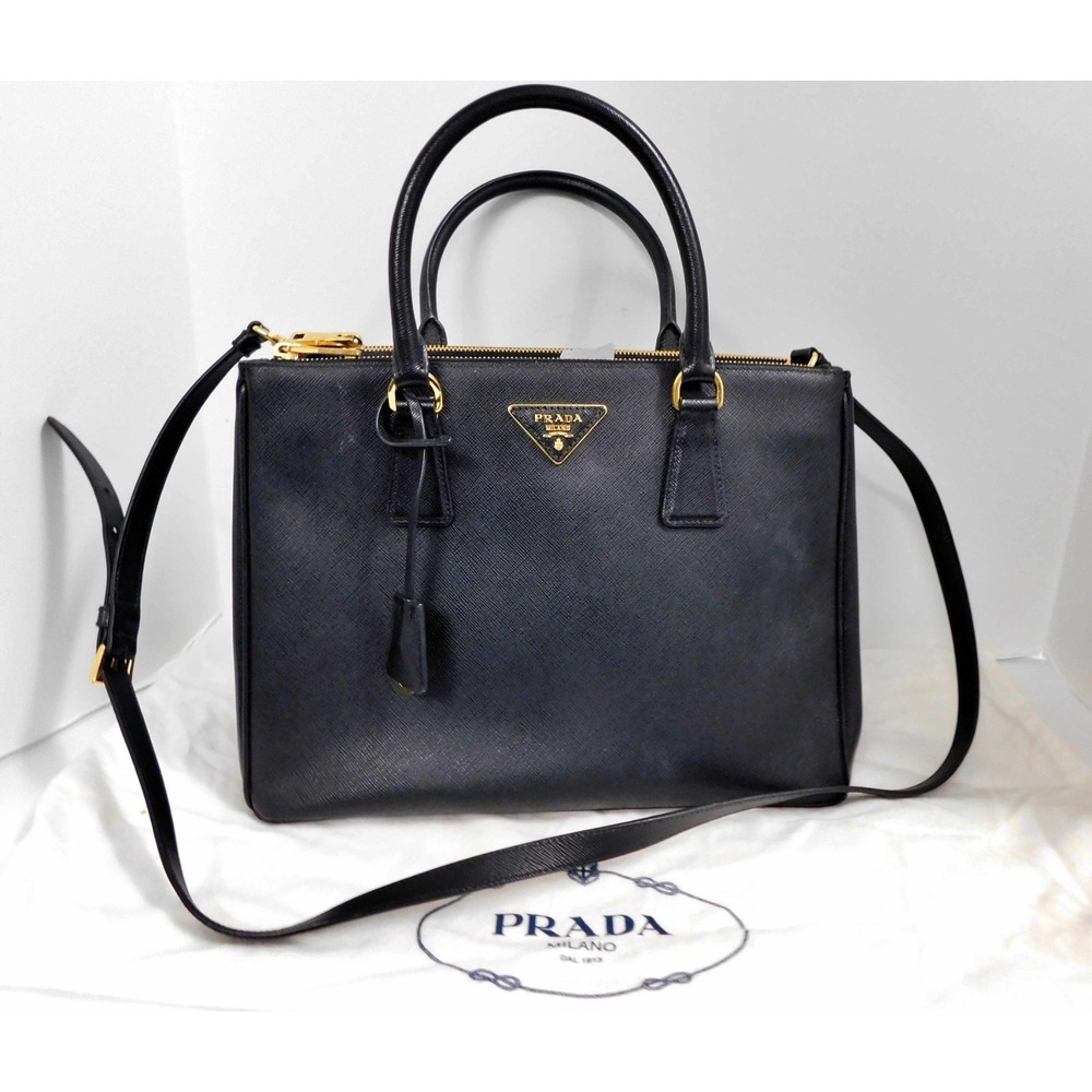 Prada Galleria Black Saffiano Leather Large Top Handles Crossbody Strap Bag